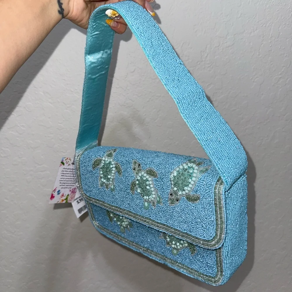 Aqua Embroidered Sea Turtle Shoulder Bag - Picture 2 of 3